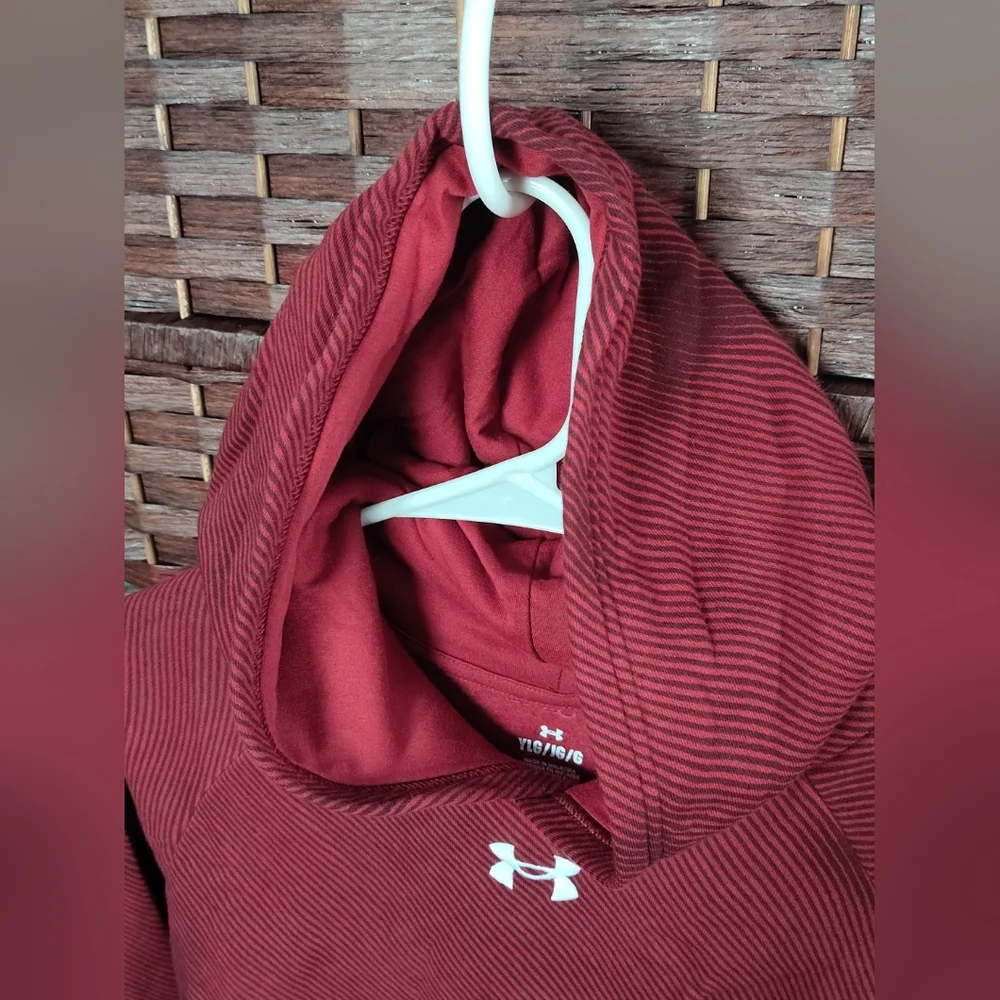 UNDER ARMOUR Boys UA Rival Fleece Youth Large Hoodie Red Maroon Striped Hoodie